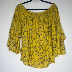 Oddy Yellow Floral Print Bell Sleeve Off-Shoulder Blouse L Boho Peasant‎